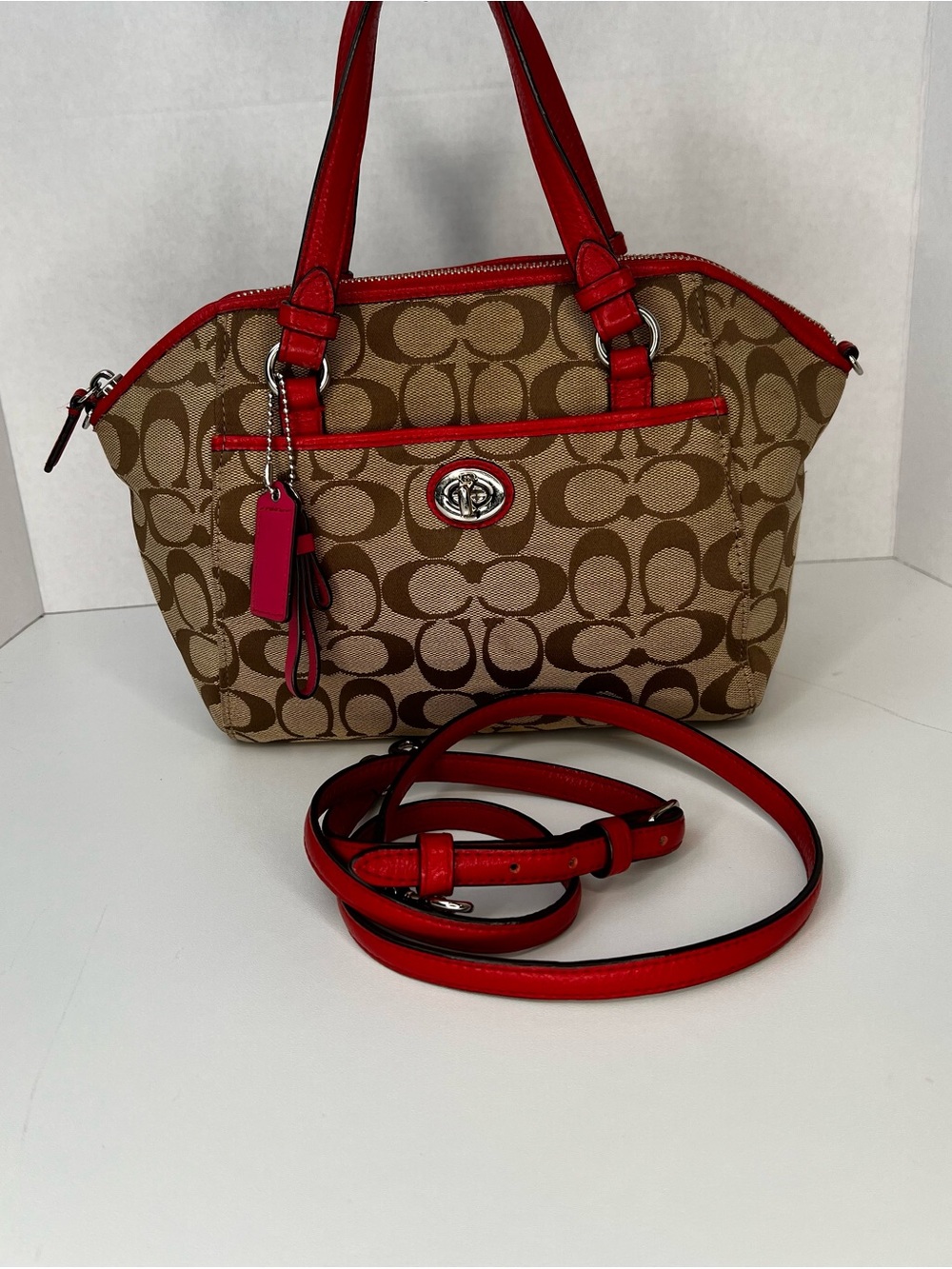 Coach Signature Canvas Shoulder Bag with Red Trim
